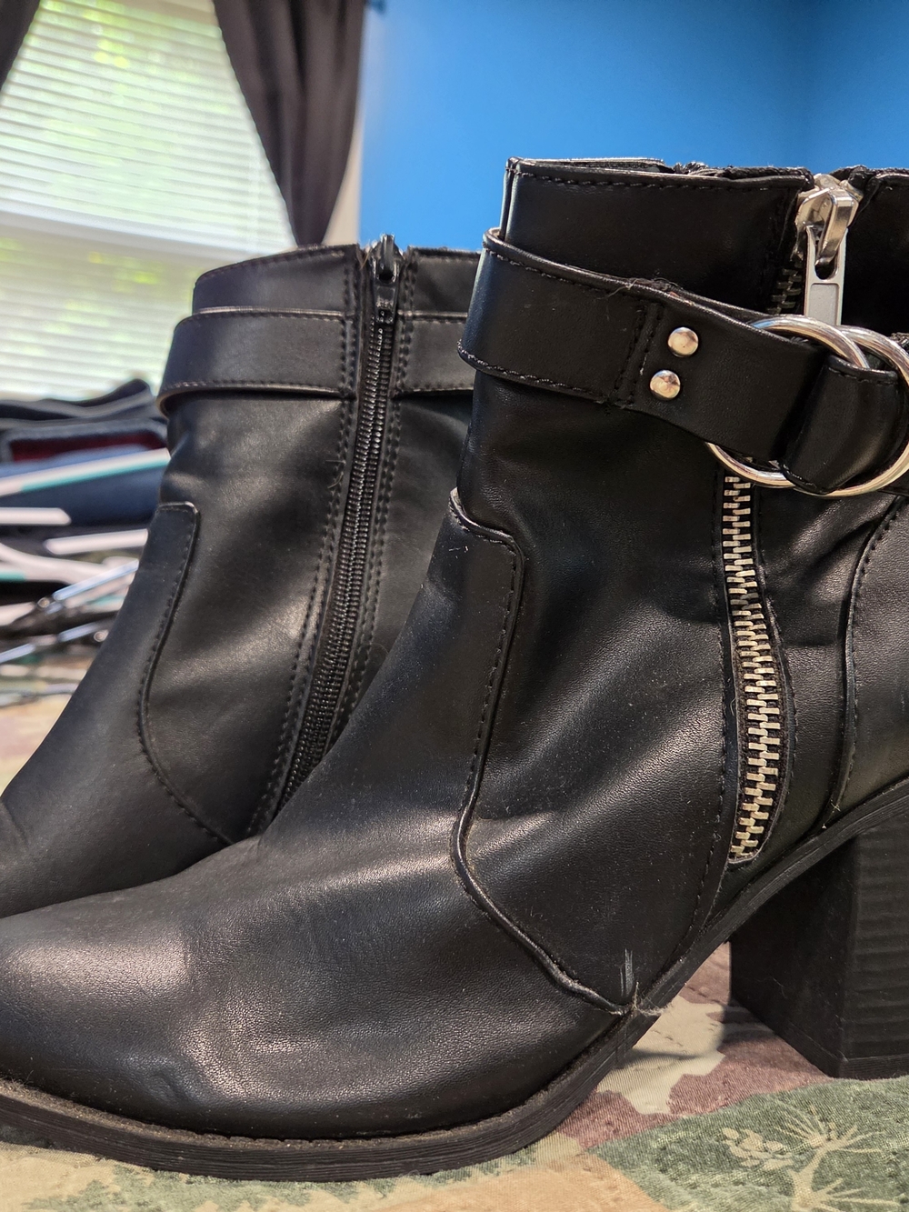 Big Buddha Black Faux Leather Ankle Booties with Buckle and Side Zip